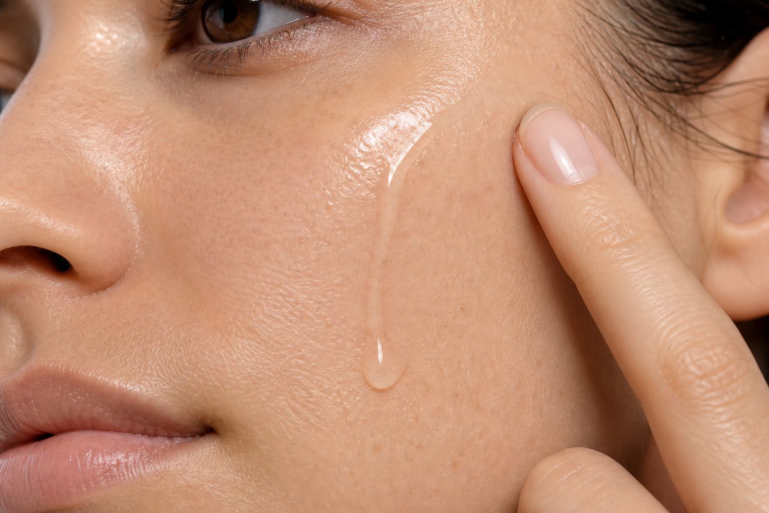 Hyaluronic serum pressed into hydrated skin