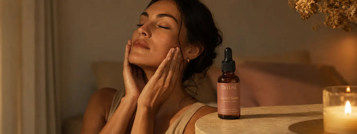 امرأة بالغة تربّت Sacred Bloom Skin Elixir على بشرتها ضمن العناية المسائية